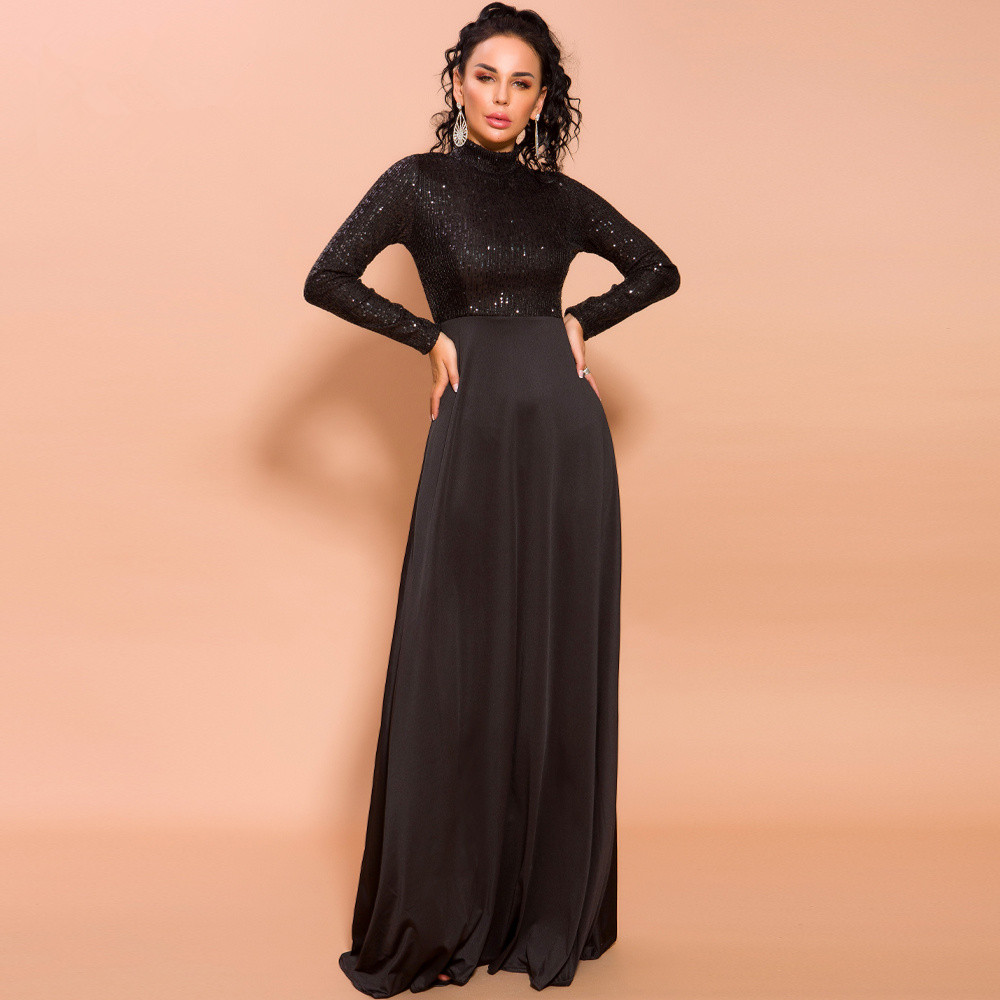 Sexy Black Long Sleeve Prom Dress Sequins High Neck Evening Gowns
