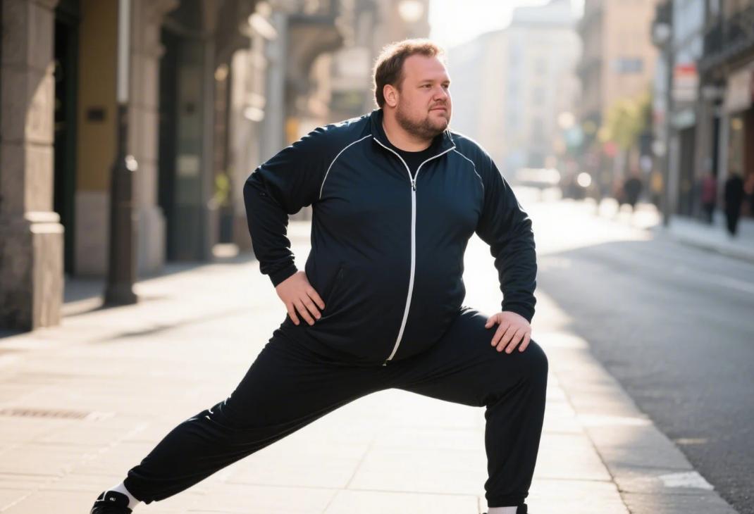 A big man in jogging suits is doing warm-up exercises.