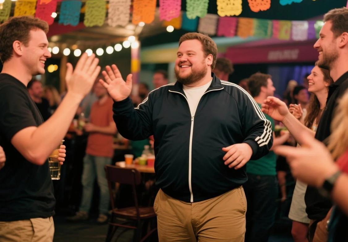 A big man having gathering in comfy sweat suit