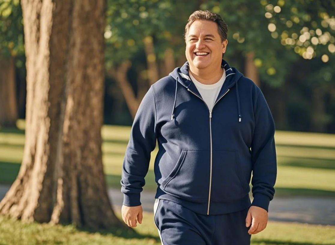 A man wearing jogging suits having a walk in the park