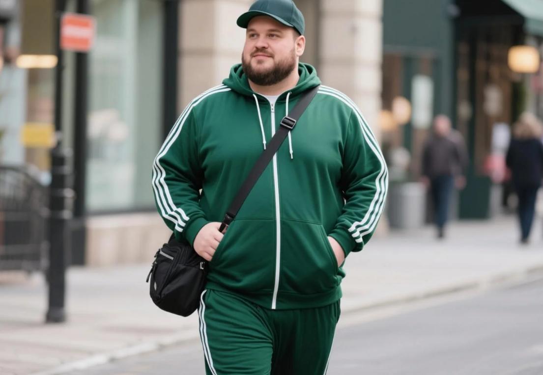 A man layer his sweat suit with baseball hat