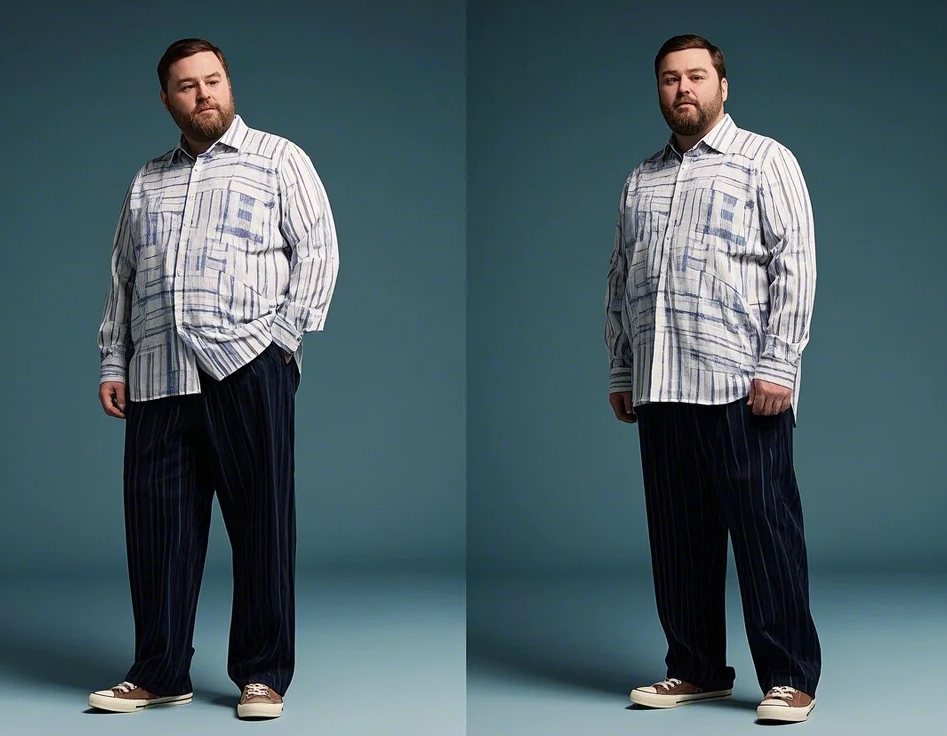 a fashion man with striped big men's walking suits