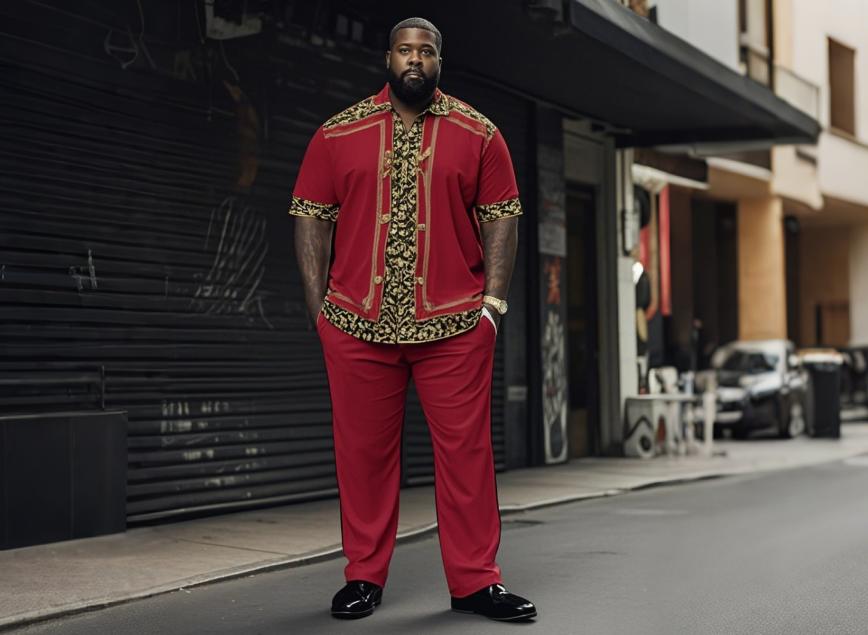 a man with big men's walking suits strolls down the street