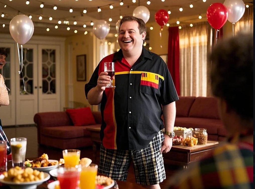 A big and tall having a party in his shirt sets