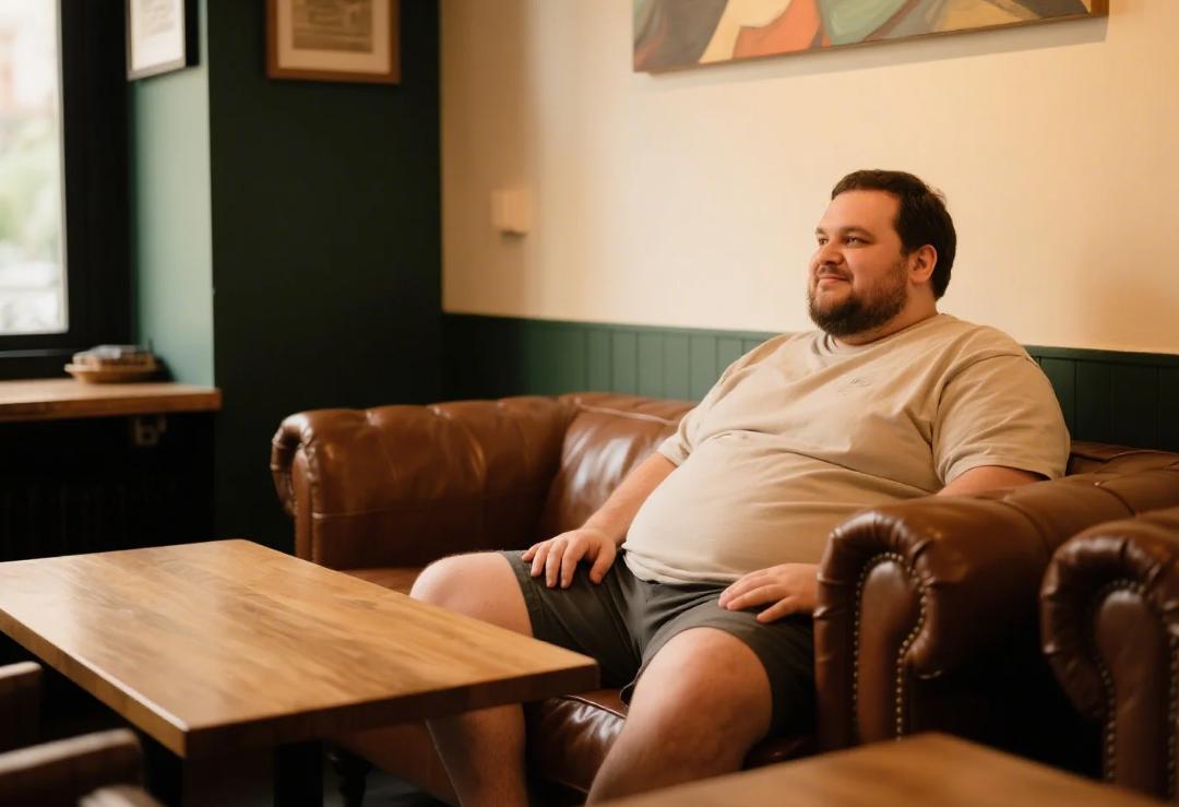 A big man wearing short sets relaxing