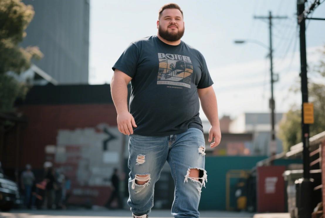 A big and tall men wearing heavyweight ripped jeans