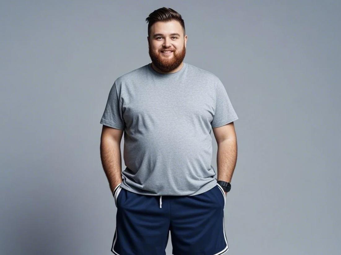 A big man wearing basketball shorts.