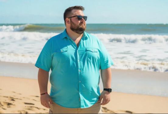 A big man on the seaside in big and tall sets