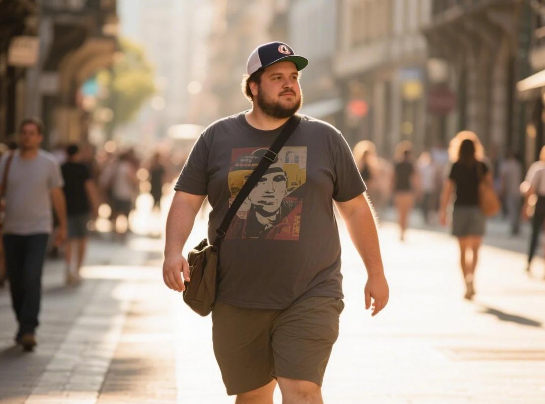 A big man walking in the street in his short sets
