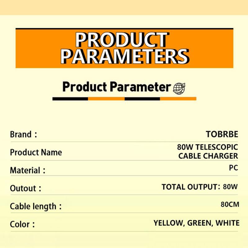 Product Introduction of TOBRBE 3 in 1 GaN Charger, Retractable 80W MAX Fast Charger Block with Type-C Cable & 2 USB Ports, Portable Adapter iPhone Smartphone Electronic, Yellow, Cellphone, Folding Charging 10