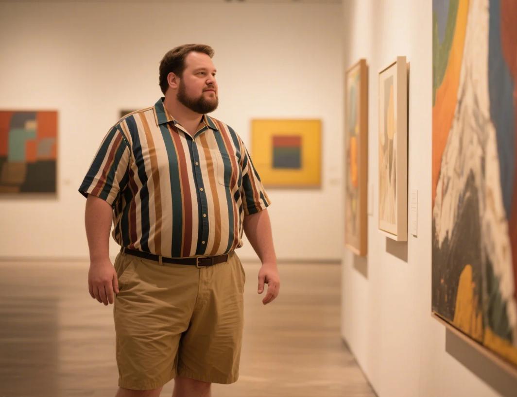 A big men visting museum in 2-piece short set with stripes