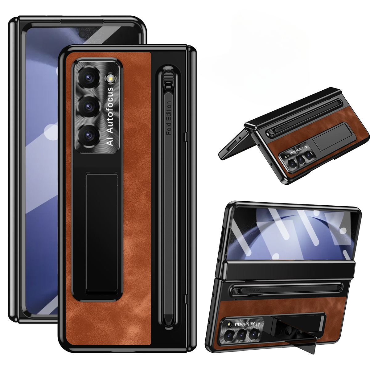 Leather Folding Stand Phone Case with Pen Slot&Tempered Glass Film