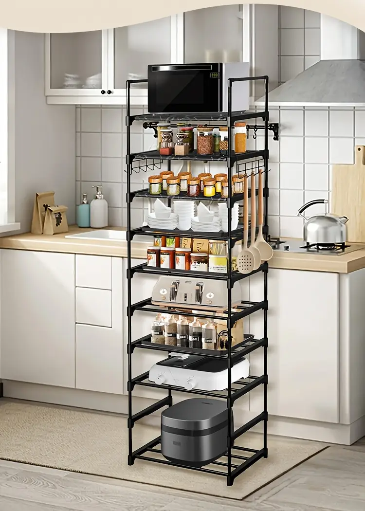     tiers adjustable kitchen shelves kitchen organizers and storage black metal storage shelf with hooks spice rack shoe rack pots and pans organizer home decor for kitchen pantry bathroom christmas halloween decorations details 4