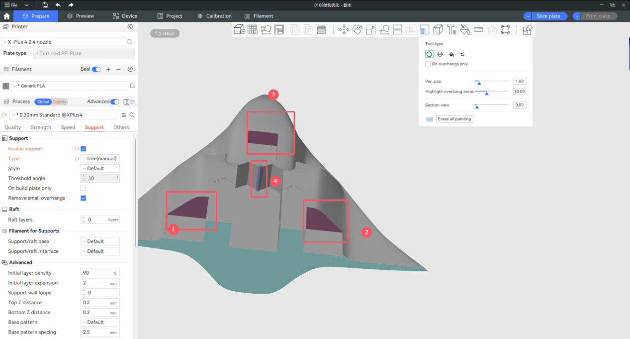 3D模型支撑标记示意图：三个填充区域和一个圆形绘制区域