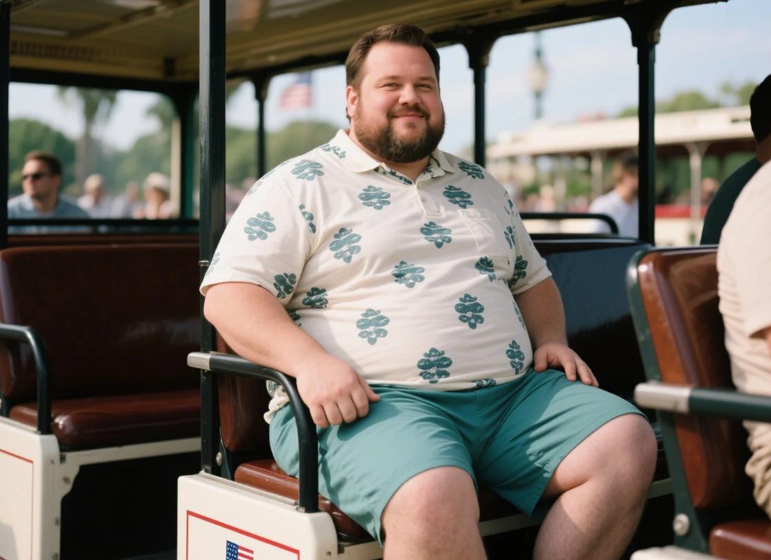 A big man in a two-piece set sitting in a tour bus.