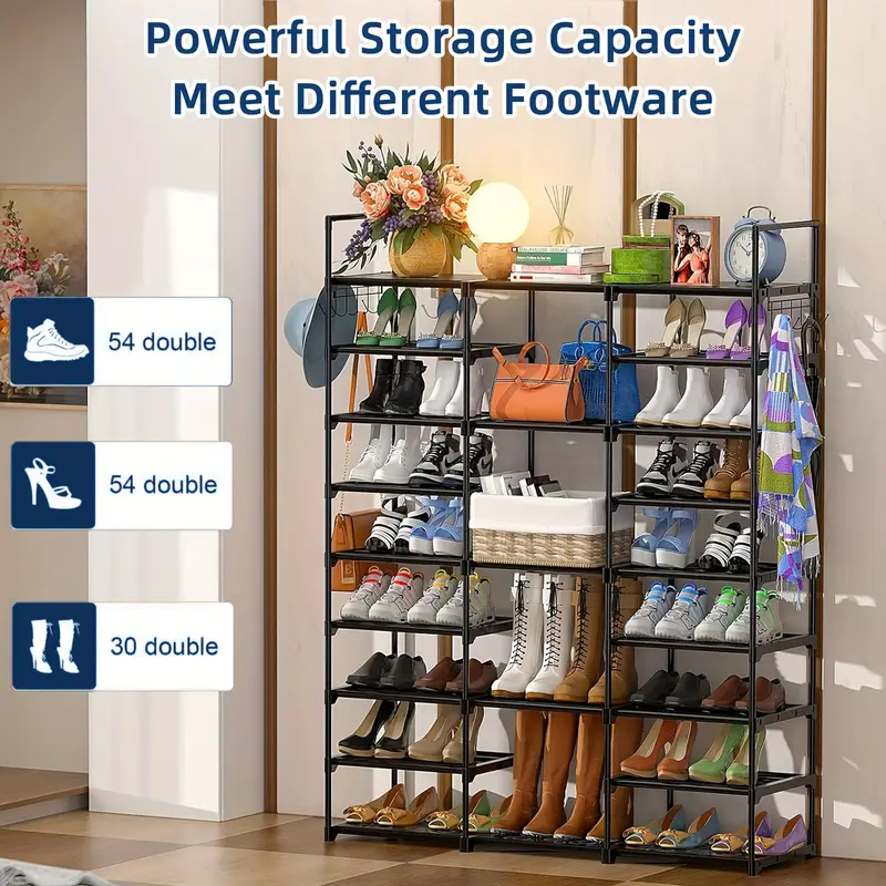 9 tier metal shoe rack organizer with hooks space saving storage for   pairs of shoes bags books stackable shelving unit for entryway bedroom or closet   high   sneakers and decorative items best for christmas utility racks details 4