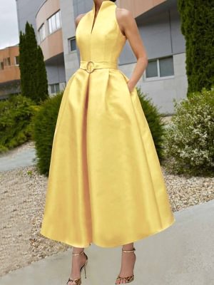 Image of A-Line Loose Belted Pleated Pockets Solid Color V-Neck Midi Dresses