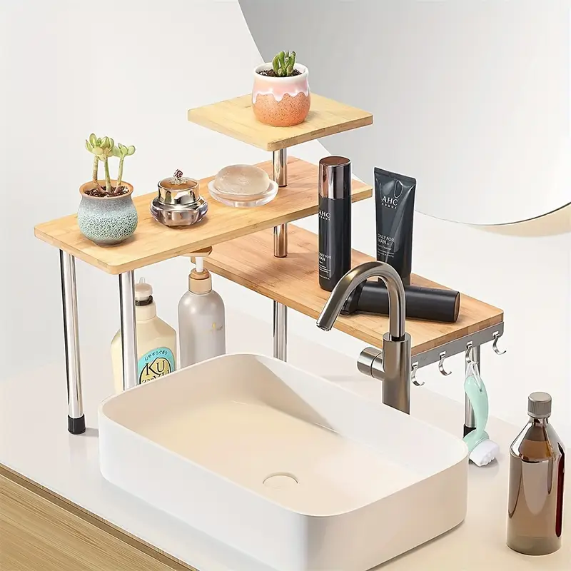   1pc triple wooden shelf countertop storage shelf removable corner storage shelf for kitchen bathroom spice rack coffee area above the sink dresser   of   details 5