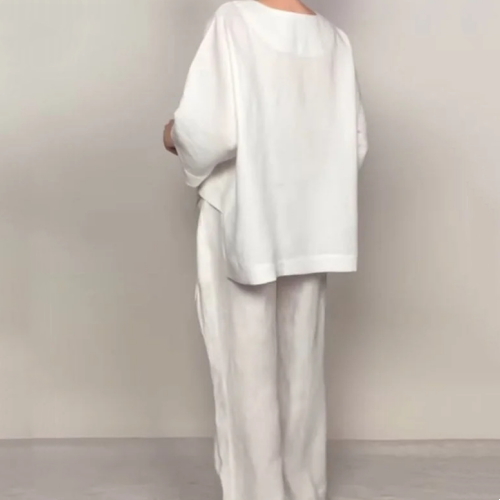 Two-piece set with irregular hem, short sleeves made of cotton and linen