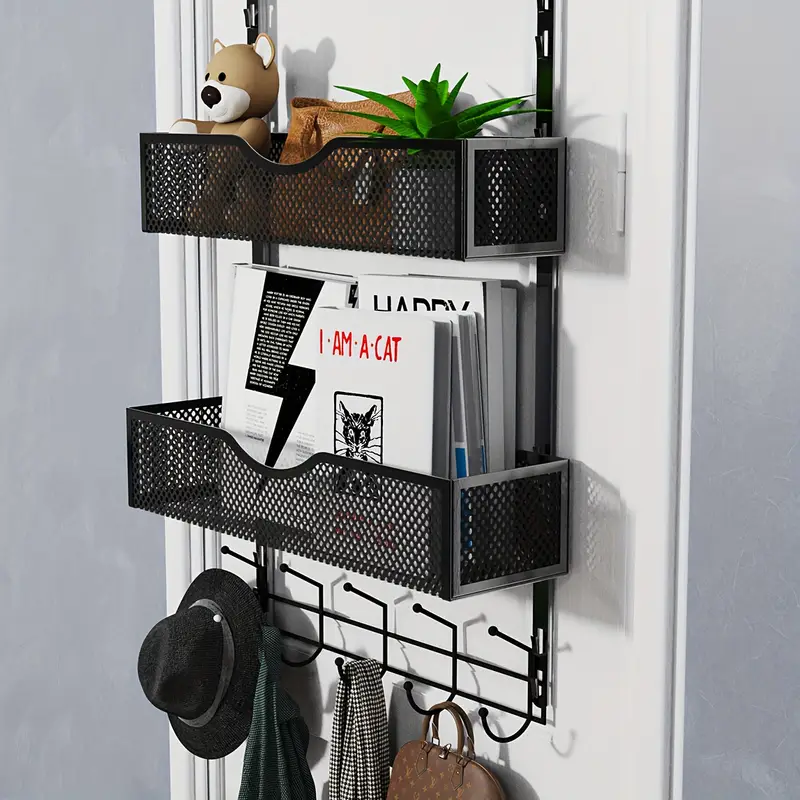 1pc over the door hanging organizer door back coat rack with hooks 2 mesh baskets back of door storage organizer for bathroom bedroom kitchen office etc space saving details 2