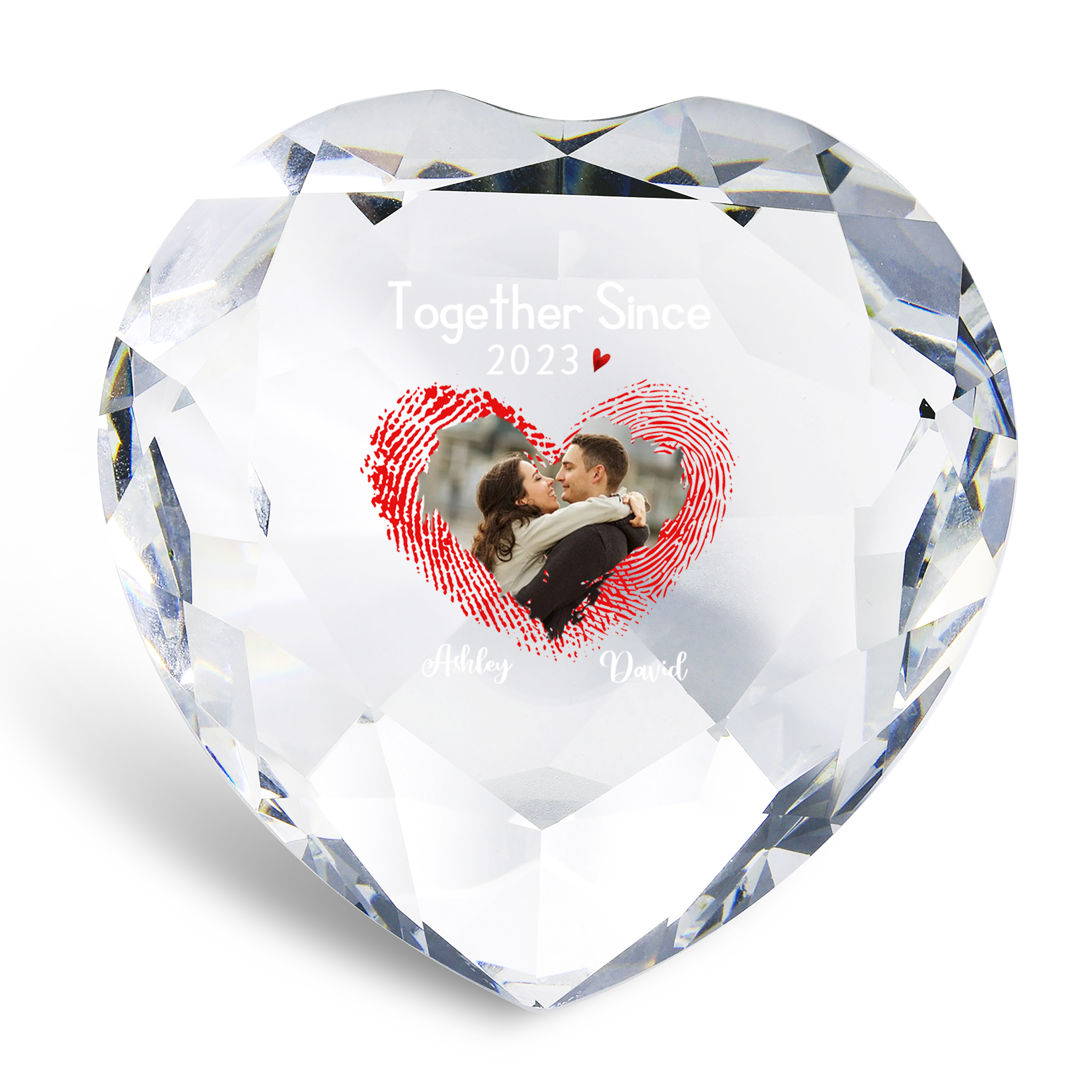 Décoration Cristal Cœur 2 Prénoms et 1 Photo Personnalisés avec Texte et Année pour Couple