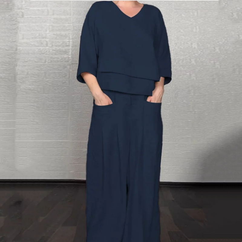 Two-piece set with irregular hem, short sleeves made of cotton and linen