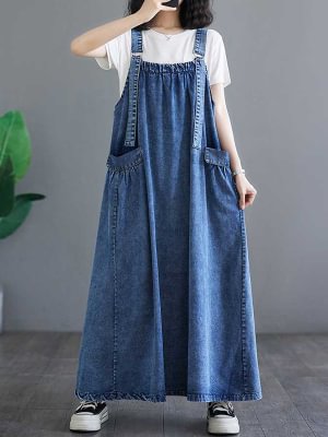 Image of Split-Joint Pockets Pleated Sleeveless Plus Size Spaghetti-Neck Suspender Dress Maxi Dresses