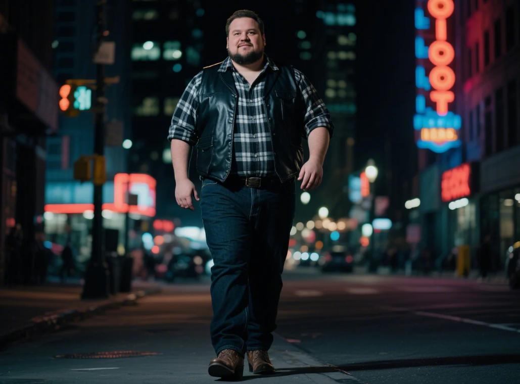 A big man stroll down the street in tucked shirt and jeans