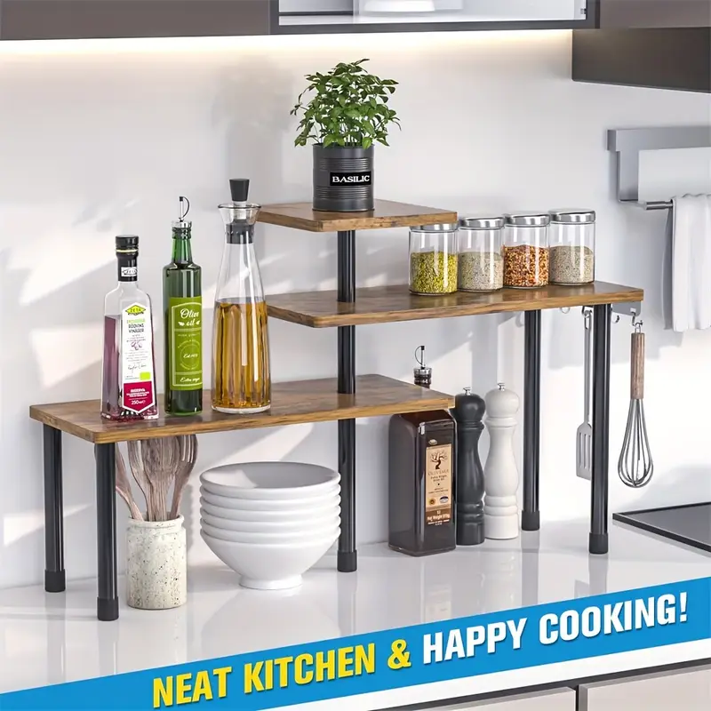   1pc triple wooden shelf countertop storage shelf removable corner storage shelf for kitchen bathroom spice rack coffee area above the sink dresser   of   details 3