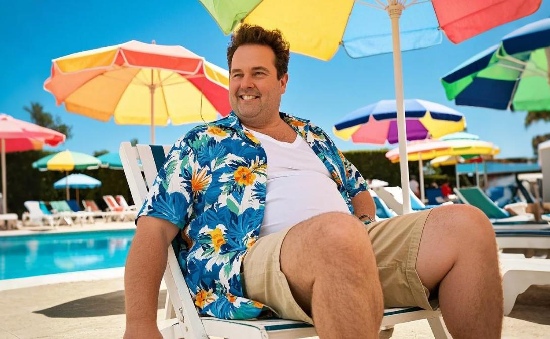 A man sitting on a lounge chair in a big & tall Hawaiian shirt