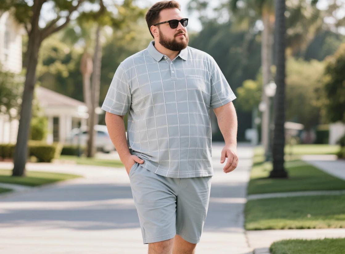 A big man walking in his matching polo shirt and shorts set