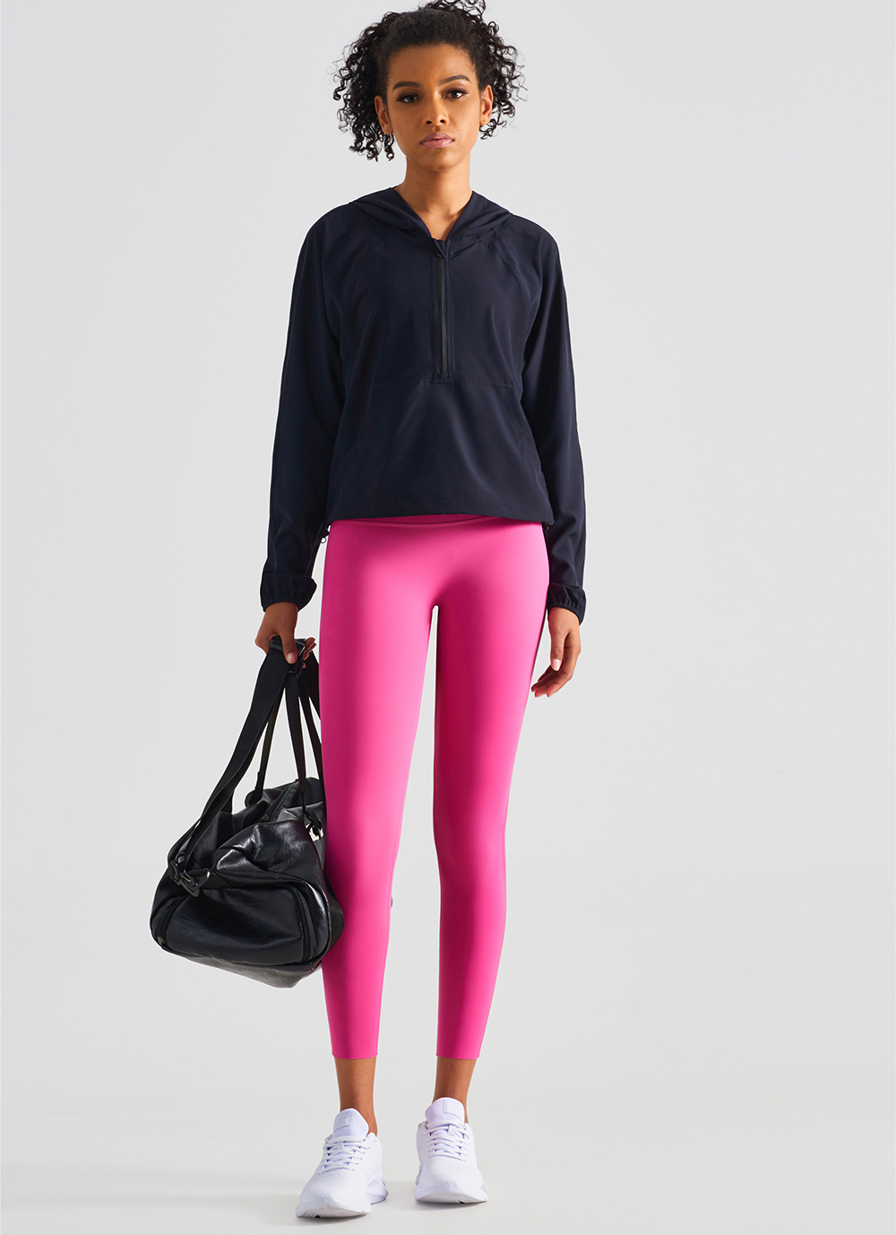 Hergymclothing cropped zip up workout jacket black and pink comfortable yoga leggings