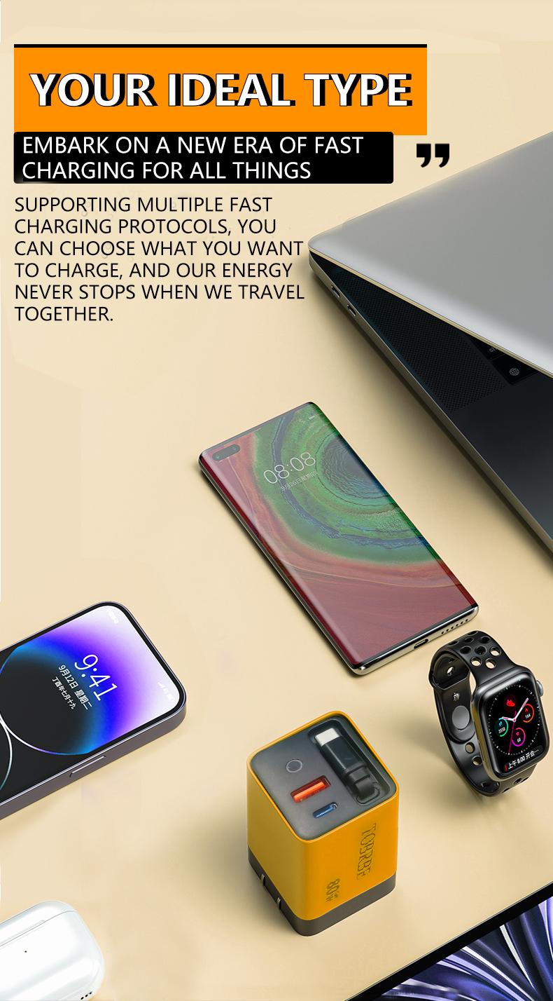 Product Introduction of TOBRBE 3 in 1 GaN Charger, Retractable 80W MAX Fast Charger Block with Type-C Cable & 2 USB Ports, Portable Adapter iPhone Smartphone Electronic, Yellow, Cellphone, Folding Charging 4