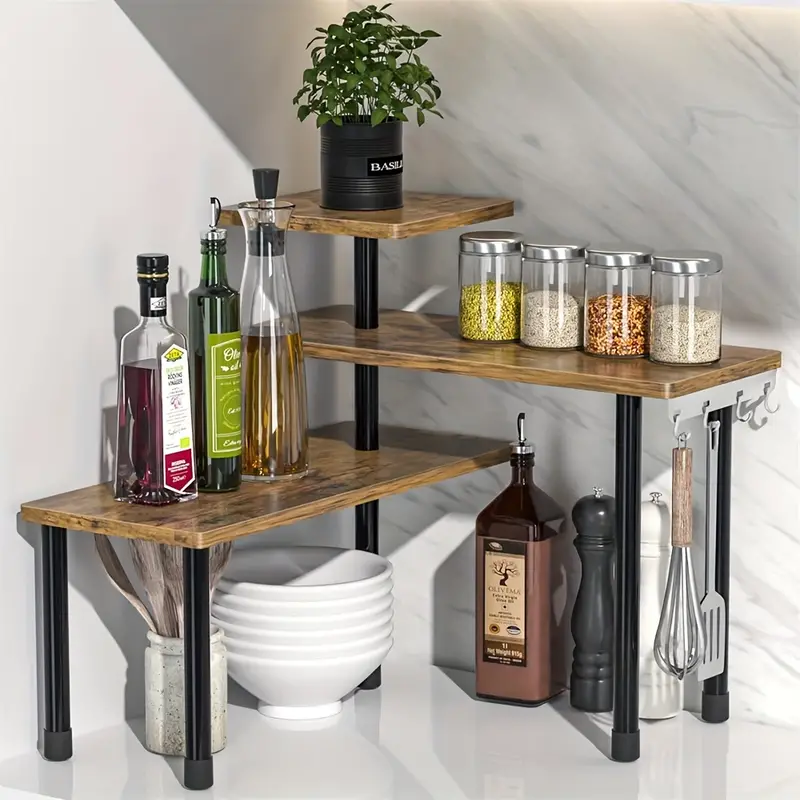   1pc triple wooden shelf countertop storage shelf removable corner storage shelf for kitchen bathroom spice rack coffee area above the sink dresser   of   details 0