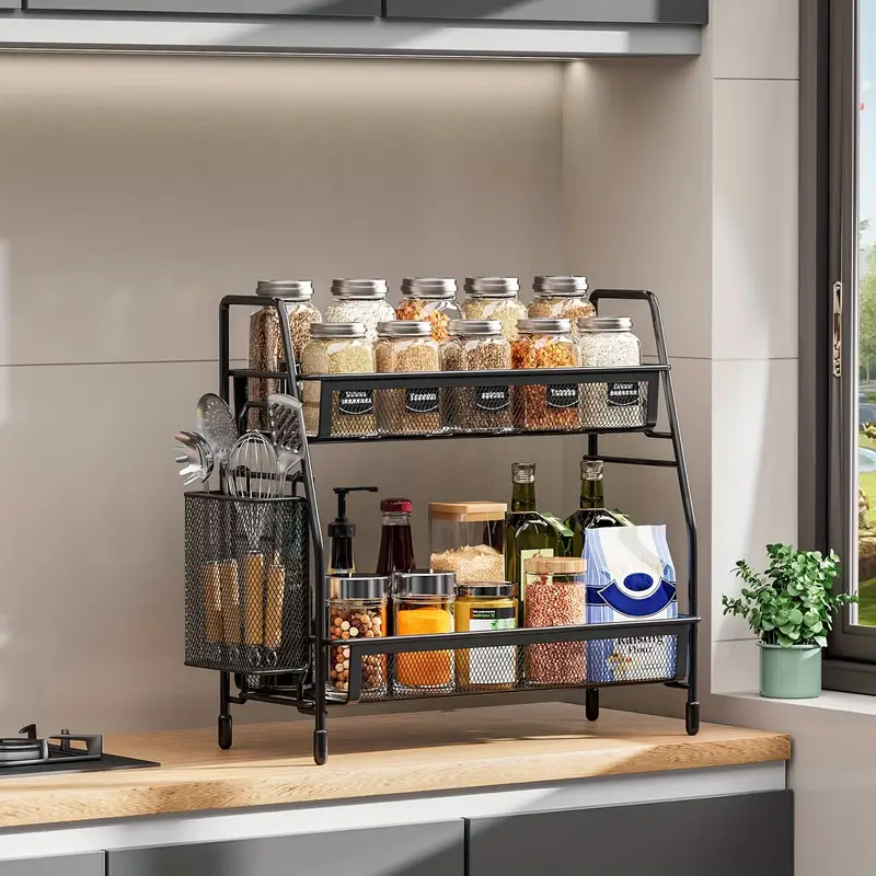 stainless steel kitchen countertop organizer with side basket metal spice rack storage shelf for cosmetics and accessories details 1