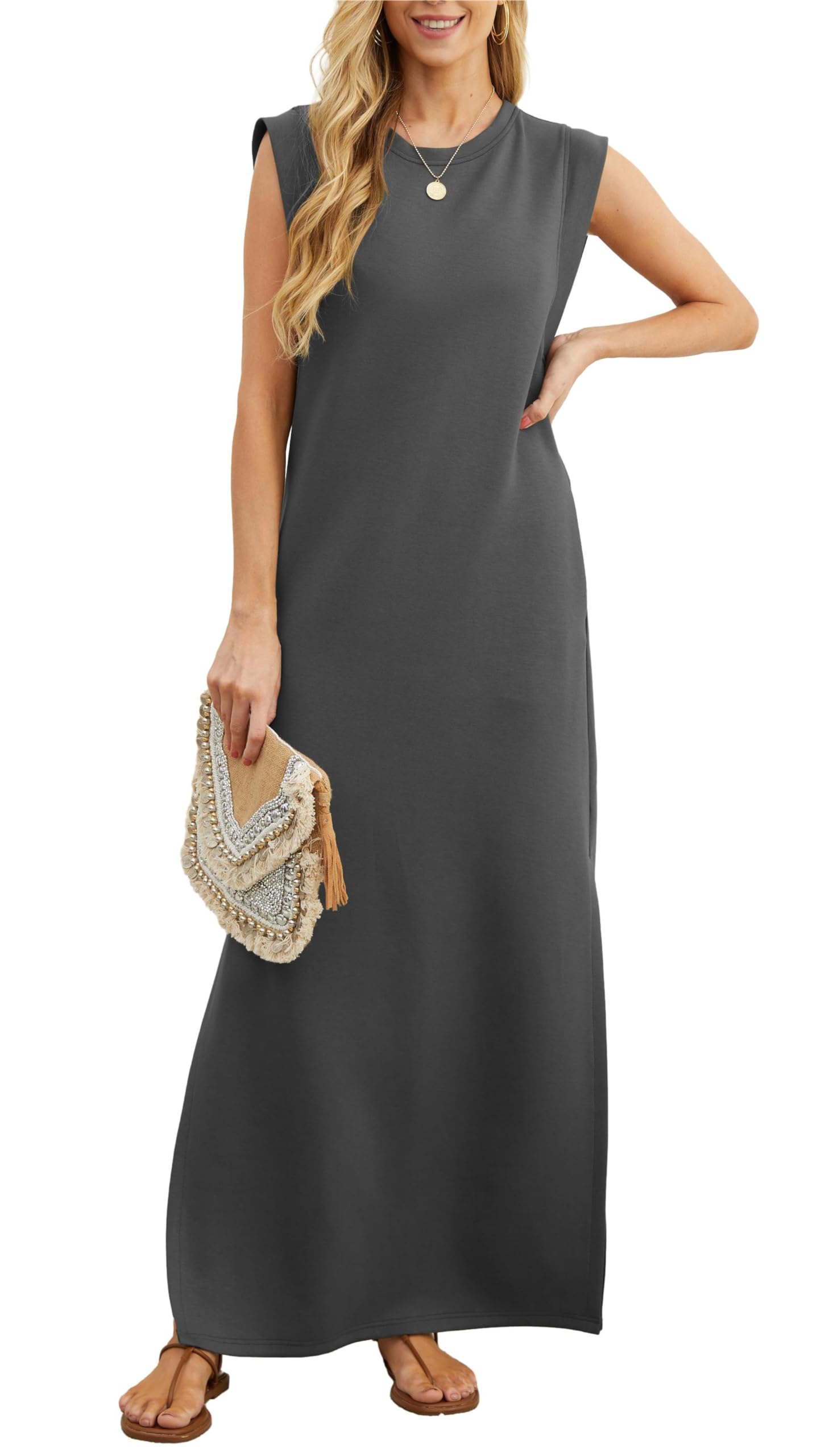 Women's loose maxi dress with slit and no pleats