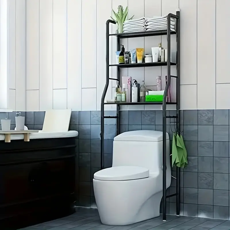 space saving 3 tier bathroom organizer with toilet rack washing machine stand black   mount   hanging rod for laundry and restroom storage details 1