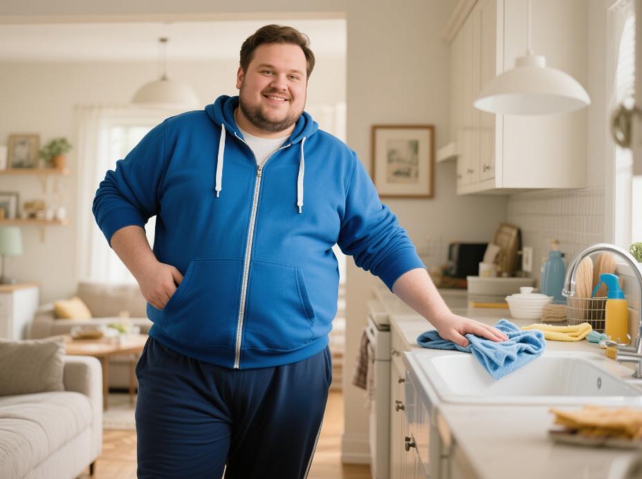 A plus-size man in a big and tall jogging suit is relaxing at home.