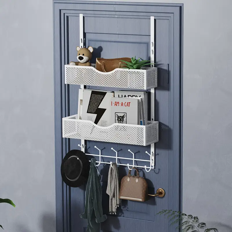 1pc over the door hanging organizer door back coat rack with hooks 2 mesh baskets back of door storage organizer for bathroom bedroom kitchen office etc space saving details 0