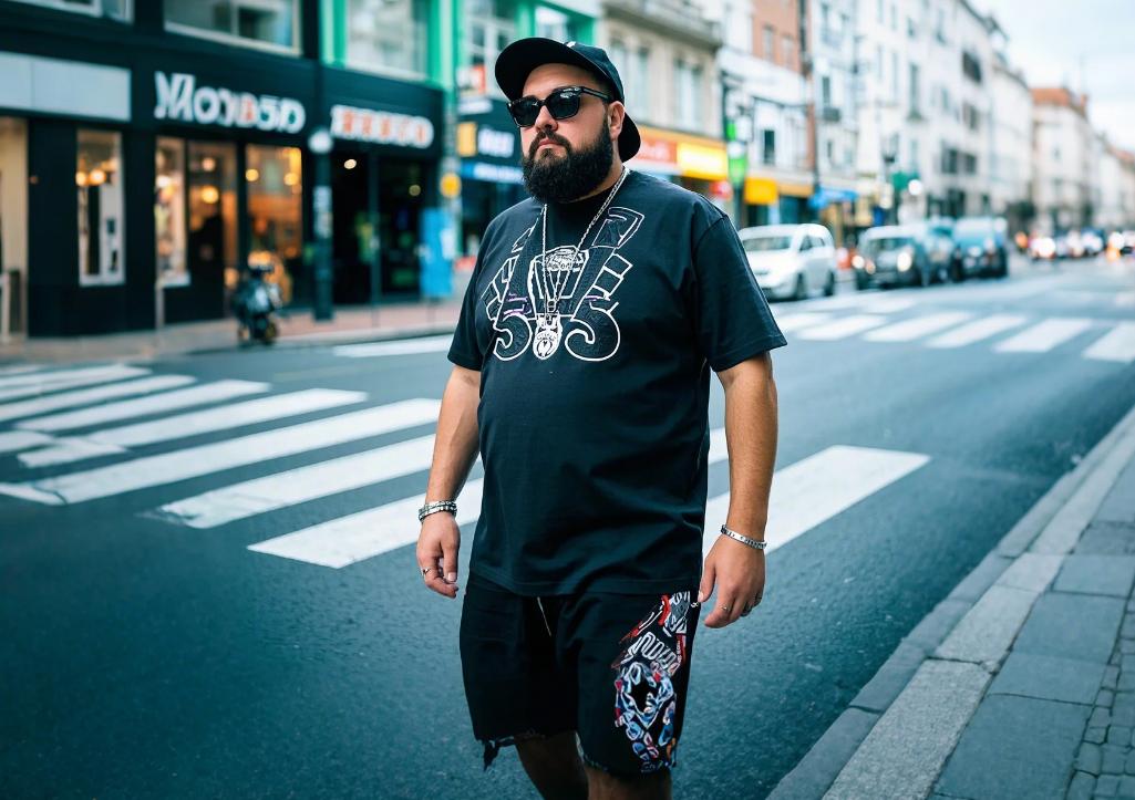 A stylish big and tall man stroll down the street in his 2-piece set