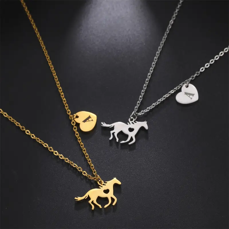 26 english letter heart necklaces cute animal running horse chain pendant necklace for women jewelry party gifts details 1