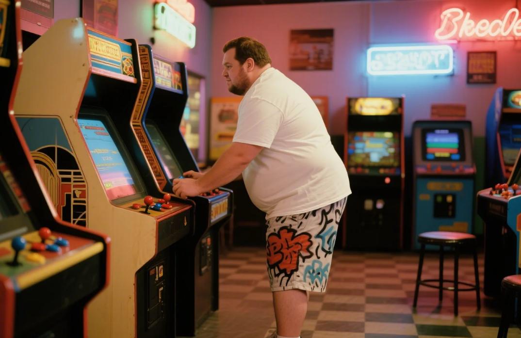 A big and tall man wearing stylish hip-hop shorts.