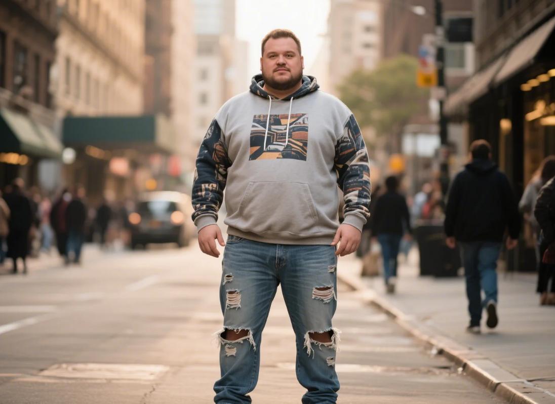 A big guy wearing jeans with knee rips