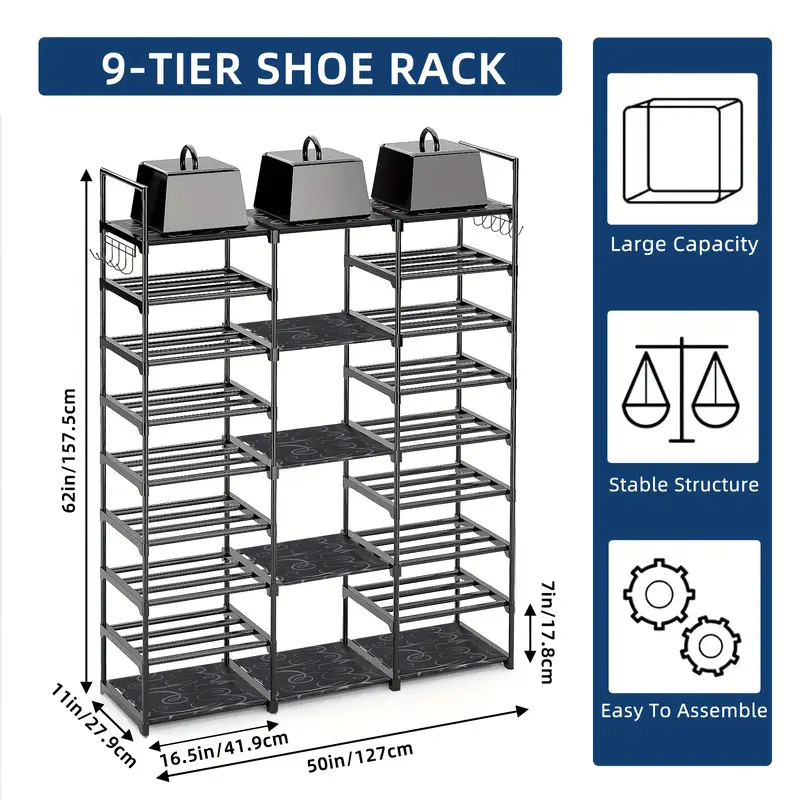 9 tier metal shoe rack organizer with hooks space saving storage for   pairs of shoes bags books stackable shelving unit for entryway bedroom or closet   high   sneakers and decorative items best for christmas utility racks details 3