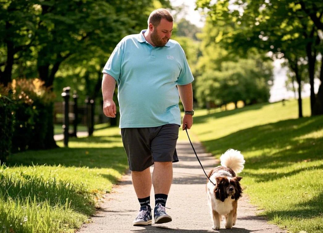 A man walking his dog in big and tall gym shorts