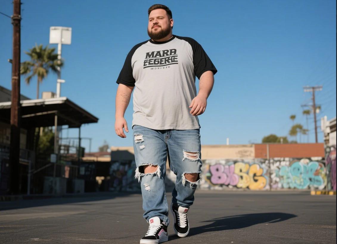 A man wearing big and tall ripped jeans.
