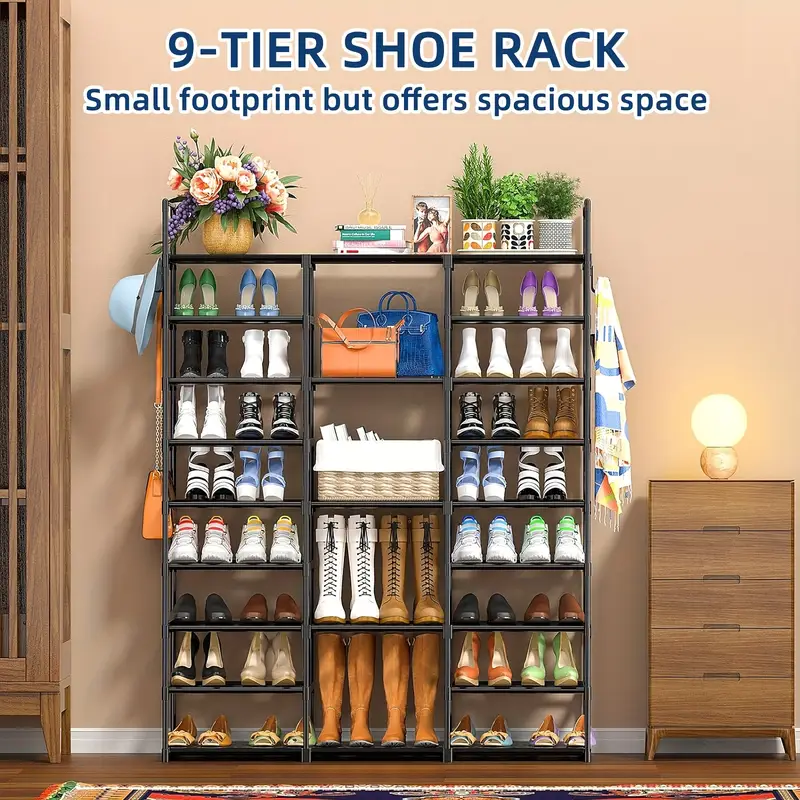 9 tier metal shoe rack organizer with hooks space saving storage for   pairs of shoes bags books stackable shelving unit for entryway bedroom or closet   high   sneakers and decorative items best for christmas utility racks details 5
