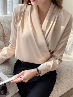 Image of Solid Color Buttoned Loose Long Sleeves V-Neck Blouses&Shirts Tops