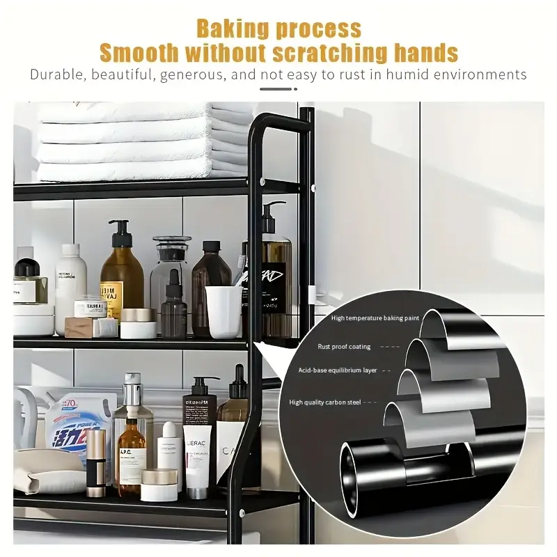 space saving 3 tier bathroom organizer with toilet rack washing machine stand black   mount   hanging rod for laundry and restroom storage details 6