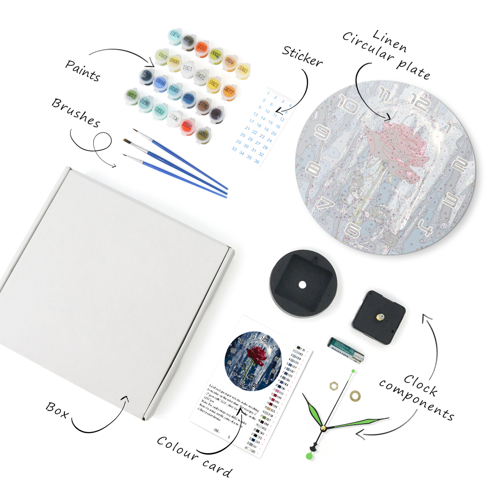 You will receive:
Linen circular plate X1
Acrylic paint for product X1
Clock Commponents X1
Brushes X3
Sticker x1
Colour card X1
Packaging Box X1